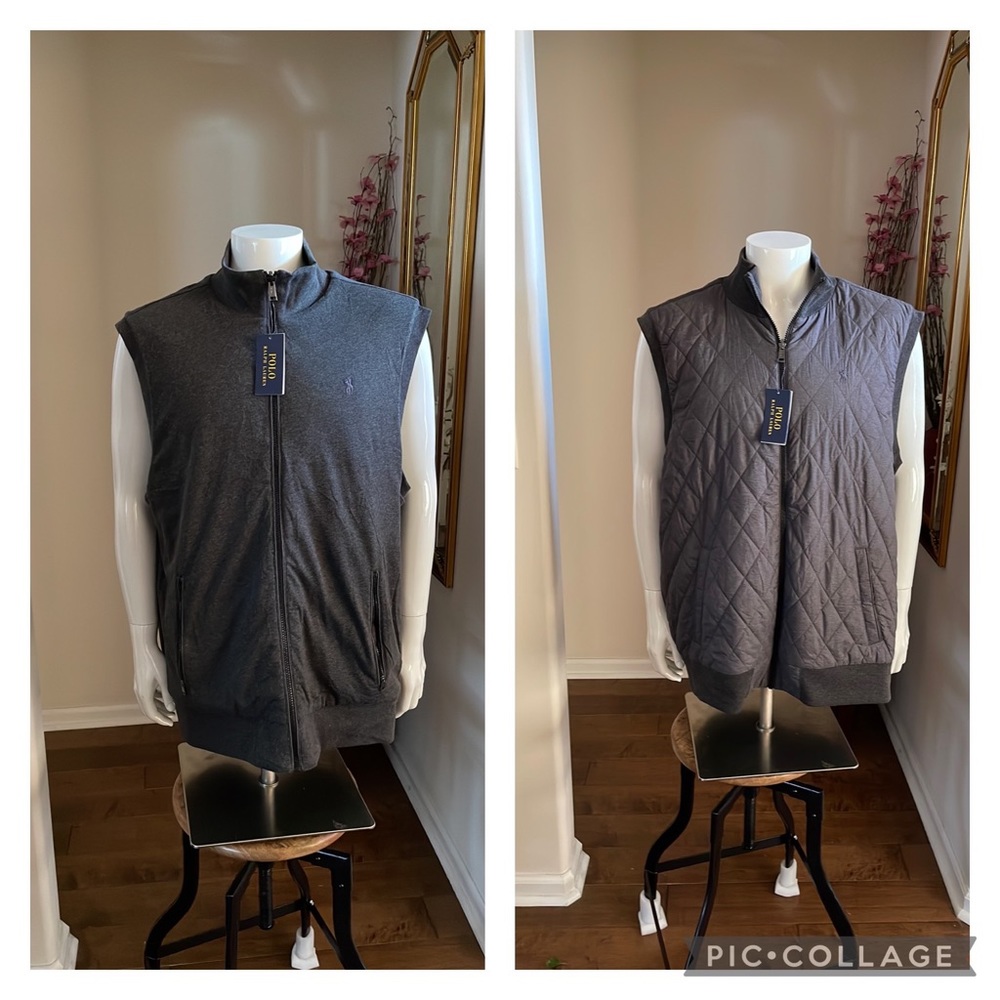 Polo Ralph Lauren REVERSIBLE Gray Heather Mock Neck Full Zip Vest
